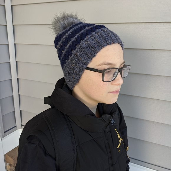 Adult Small / Teen Puff Stitch Beanie - Blue - Picture 2 of 3